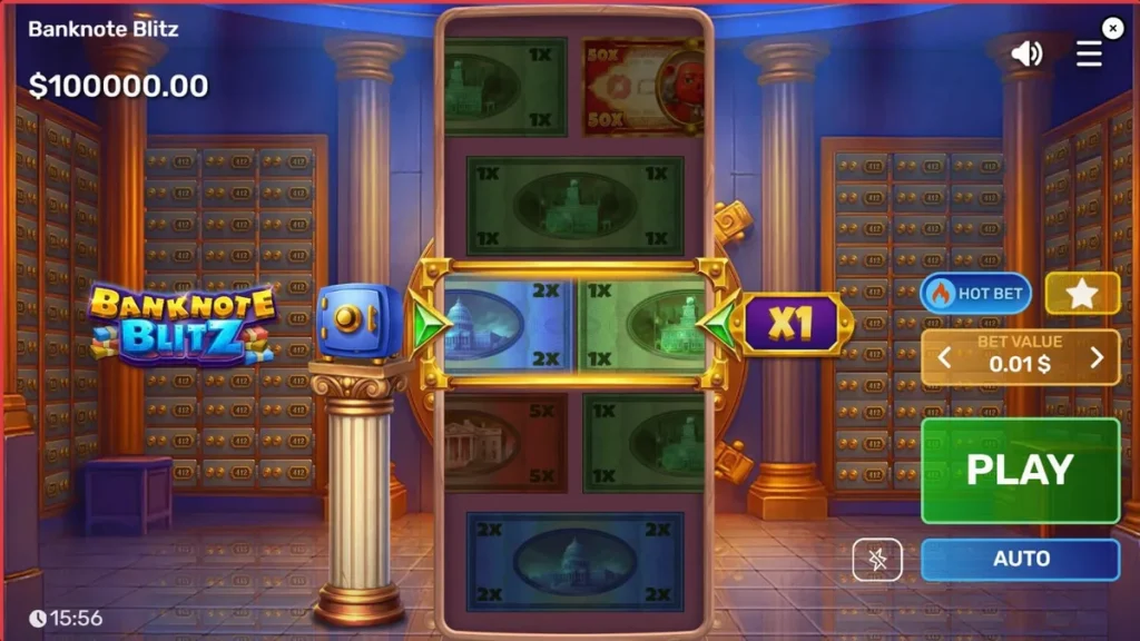 Interface do slot Banknote Blitz com cofre de banco e notas brilhantes