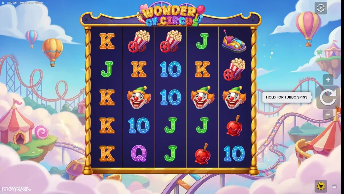 Interface vibrante e colorida do slot Wonder of Circus com elementos de circo neon